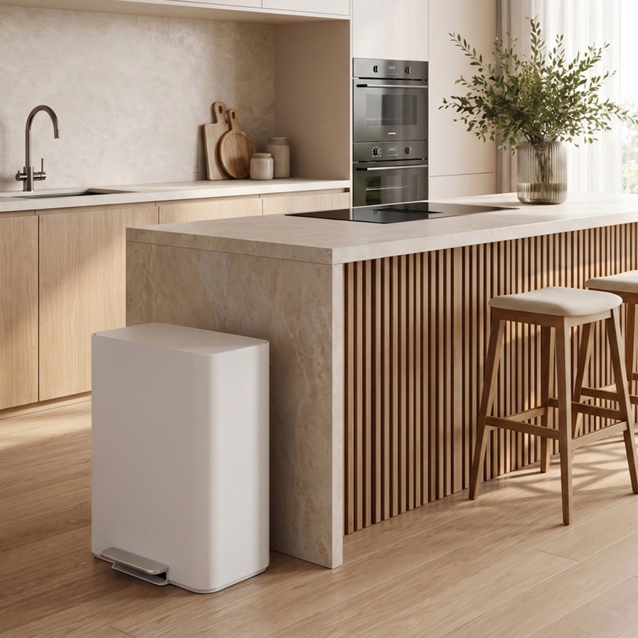 Simplehuman's White 30L Step Recycler in a modern kitchen setting with neutral marble countertops and wooden cabinets. 