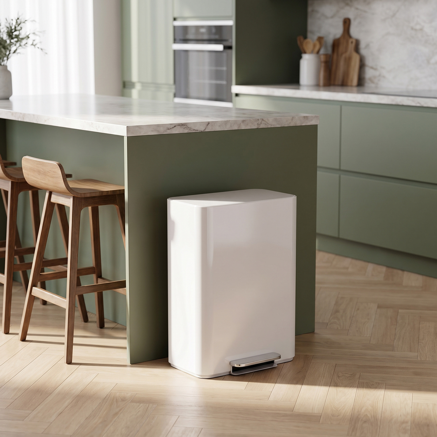 Simplehuman's White 30L Step Recycler, in a modern kitchen setting with green cabinets and wooden counter seating. 