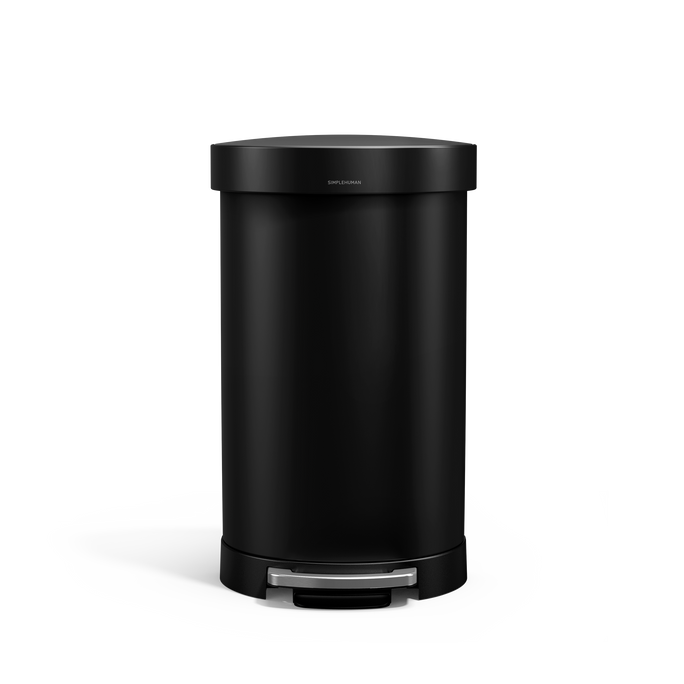 Simplehuman's 45L Semi-Round Step Can in Matte Black, front view. 