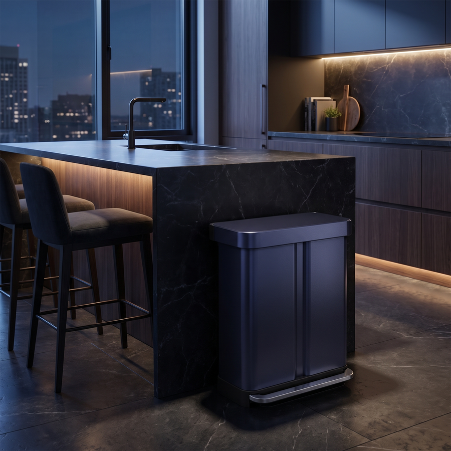 Simplehuman's Nebula Step Recycler in a modern kitchen setting. 