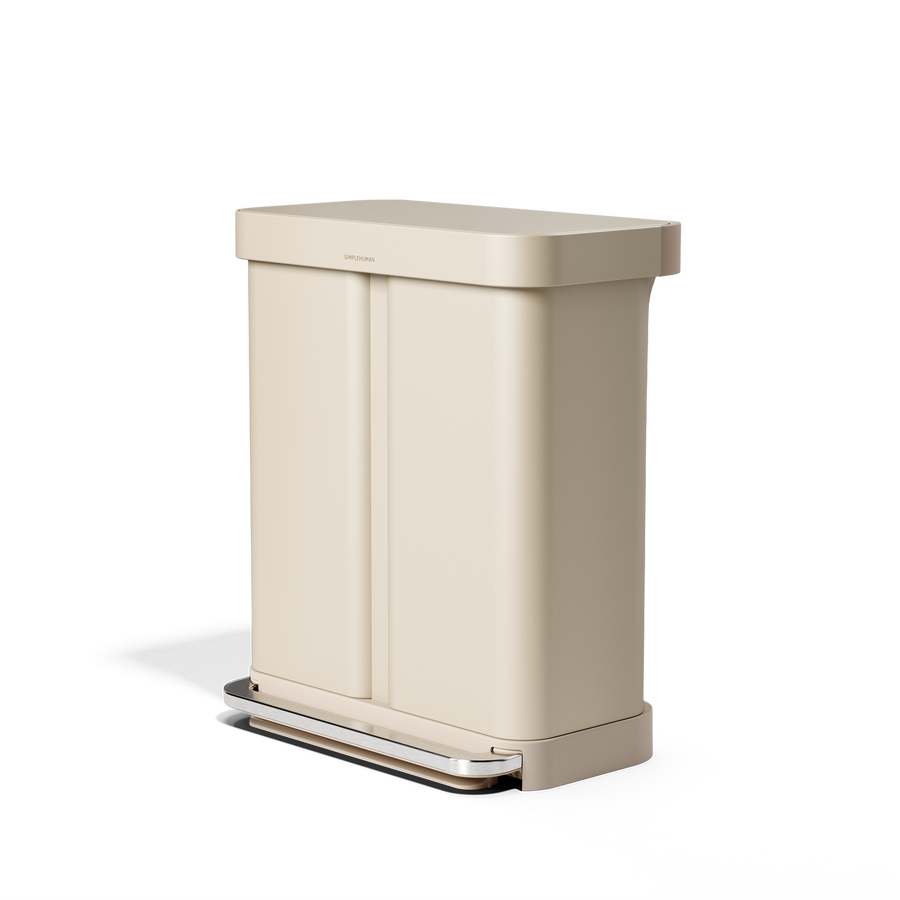 Simplehuman's 58L Step Recycler in Latte, side angled view. 