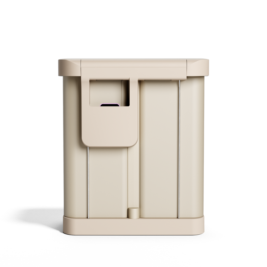 Simplehuman's 58L Step Recycler in Latte, back view showcasing the holder for the Custom Fit Liners. 