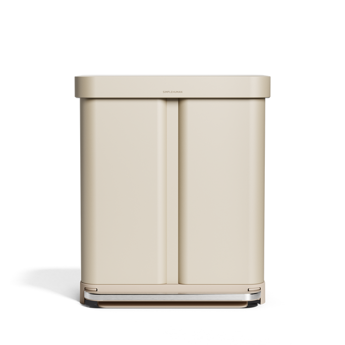 Simplehuman's 58L Step Recycler in Latte, front view. 