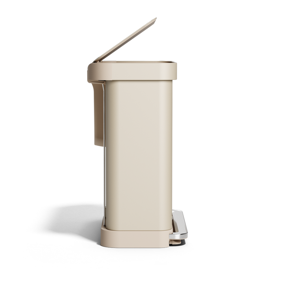 Simplehuman's 58L Step Recycler in Latte, side profile. 