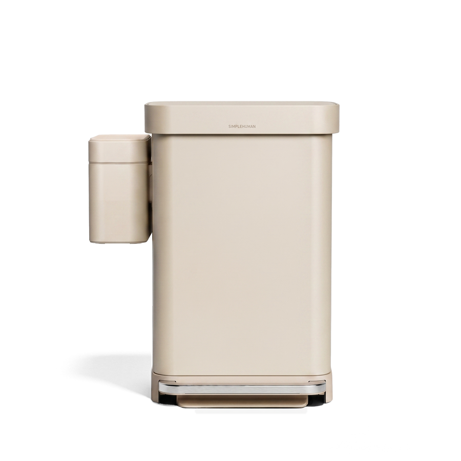 Simplehuman's 45L Step Can with compost caddy docked onto it.