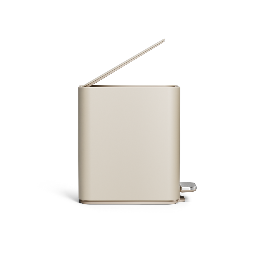 Simplehuman's 5L Slim Can in Latte, side profile view. 