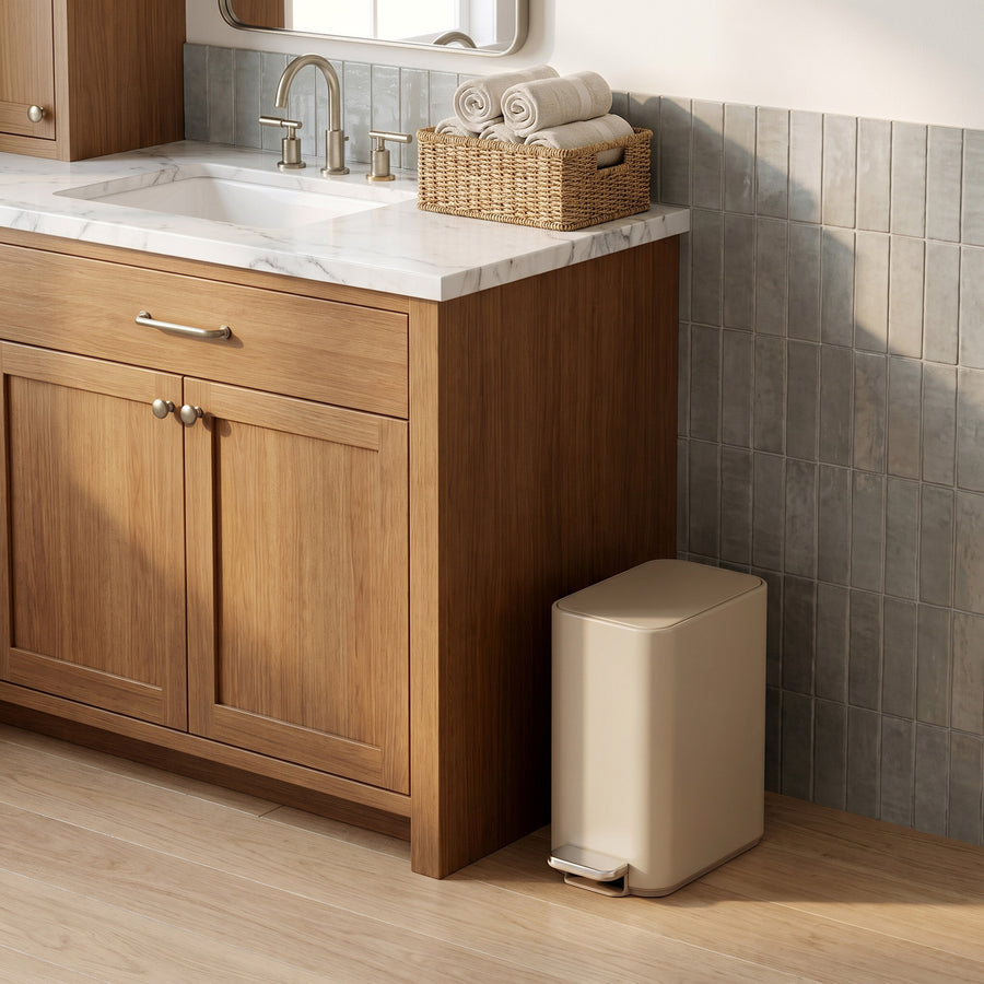 Simplehuman's 5L Slim Step Can in Latte in a modern kitchen bathroom setting next to a sink. 