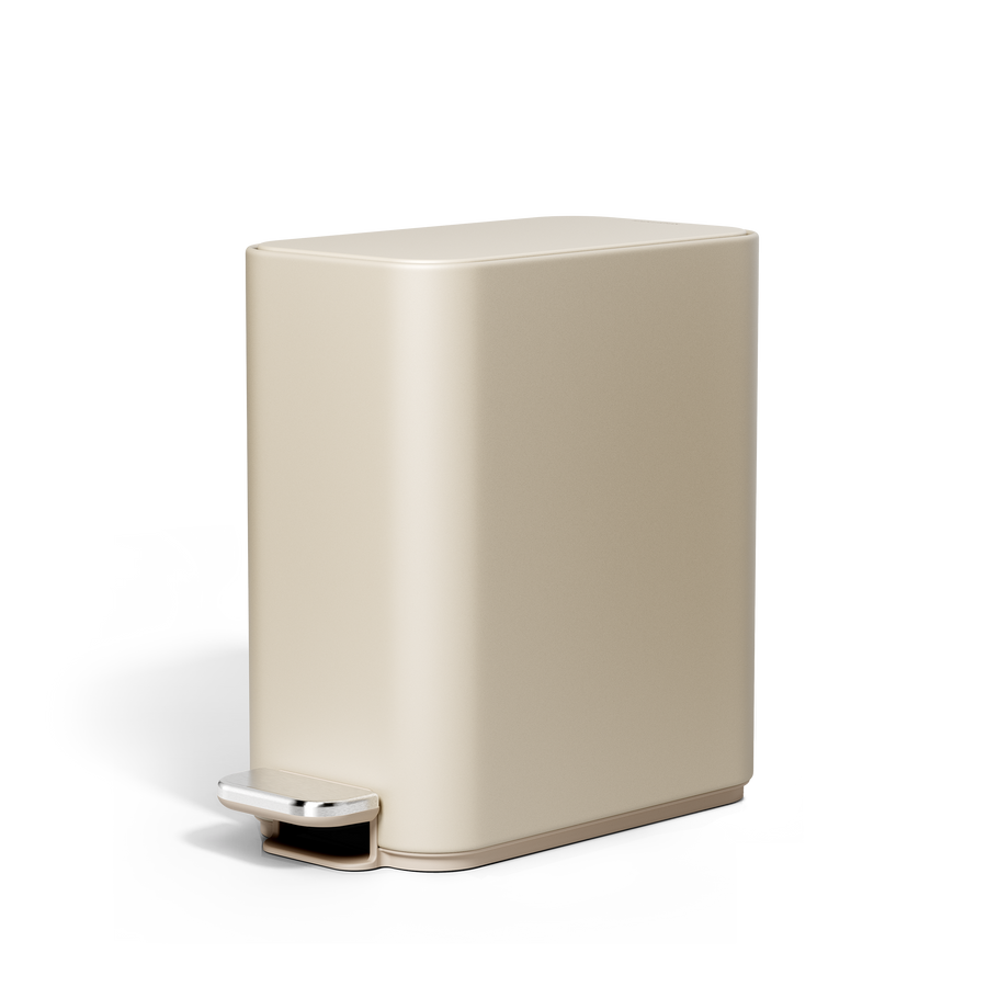 Simplehuman's 5L Slim Step Can in Latte, angled front view.