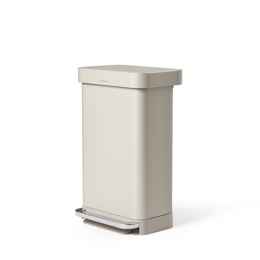 Simplehuman's 45L Step Can in latte from a side angled view. 