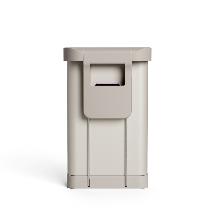 Simplehuman's 45L Step Can in Latte . Showcasing the back part of the can that holds extra packs of liners. 