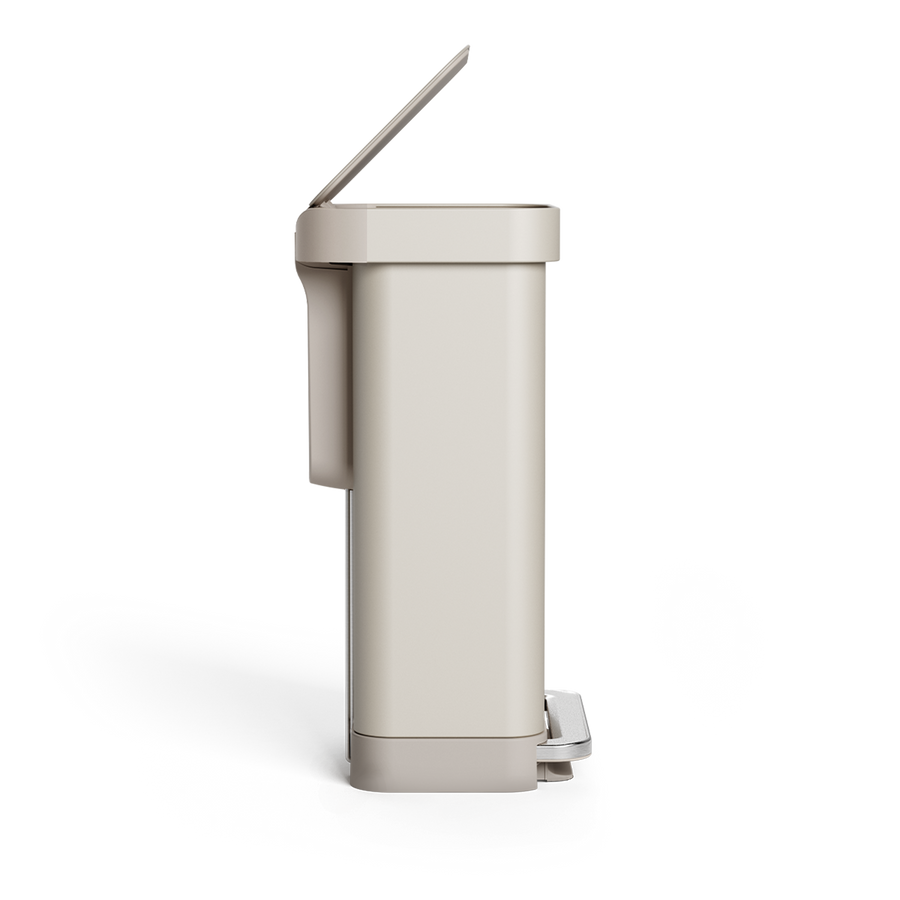 Simplehuman's 45L Step Can in latte from a side angle. 