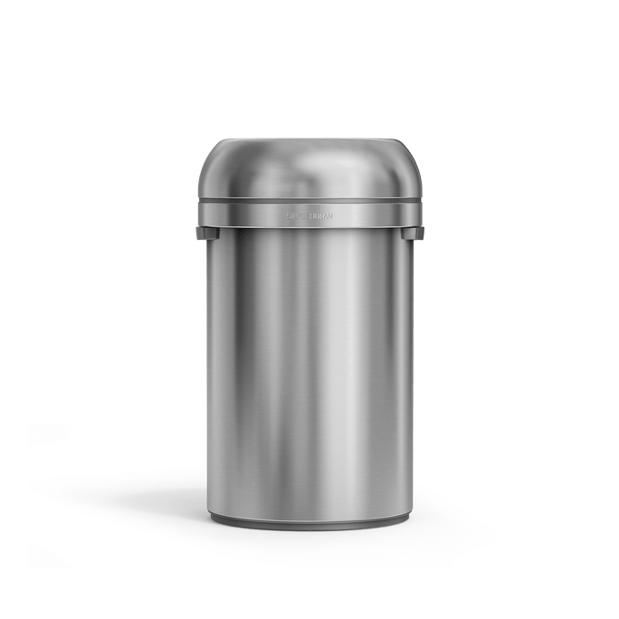 Simplehuman's 80L All-Steel Bullet Open Can in Brushed front-angle view.