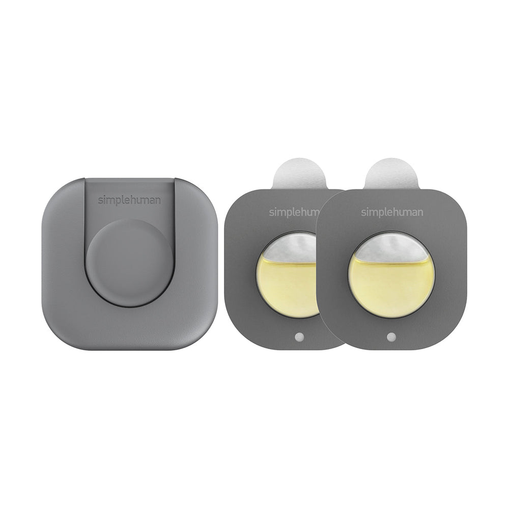 Simplehuman Odorsorb Pod Starter Pack in Gray, featuring the reusable dispenser and two removable odor-absorbing refill pods.