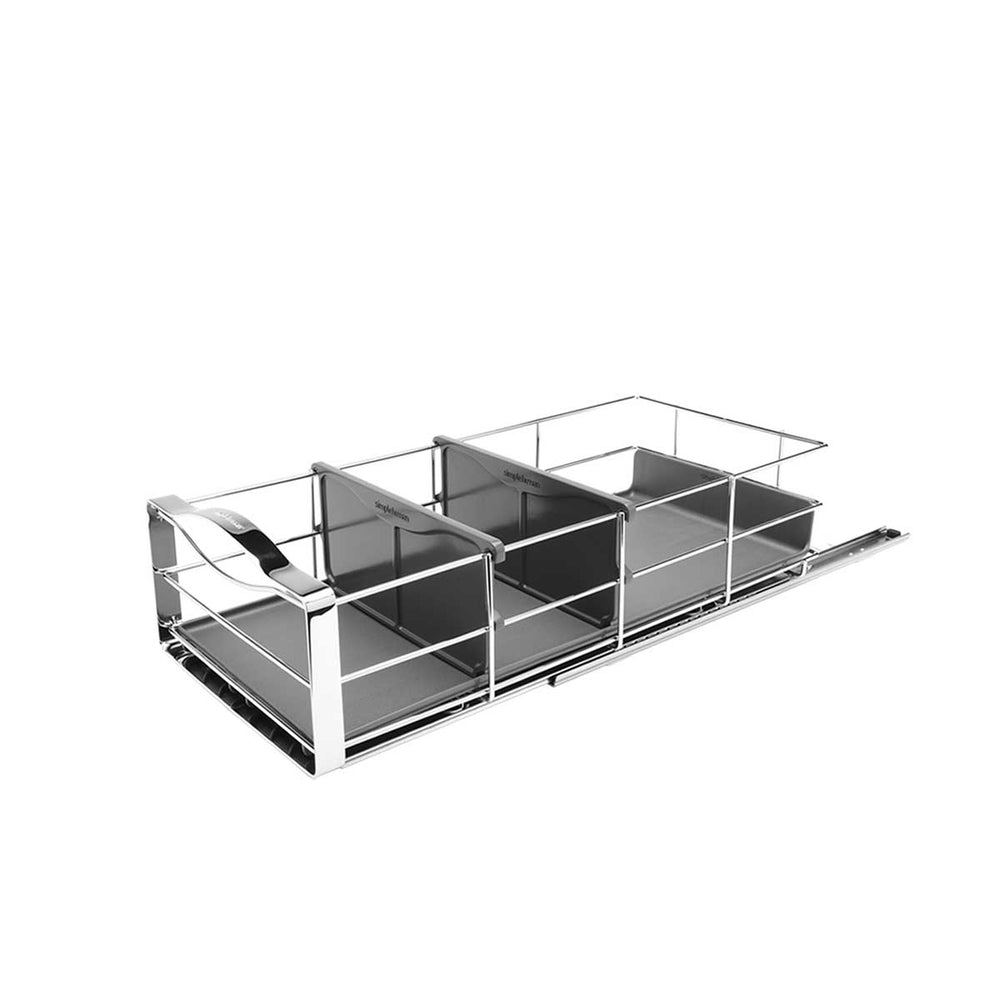 Simplehuman 3-Compartment Cabinet Organizer pull-out system, Polished Stainless Steel, with easy-clean removable liners.