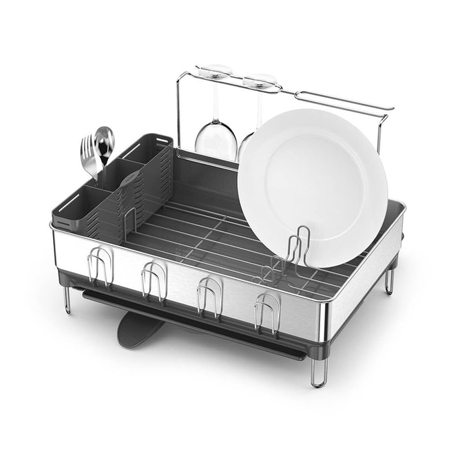 Simplehuman Brushed Stainless Steel Steel Frame Dishrack with integrated drainage, removable utensil caddy, and wine glass rack.