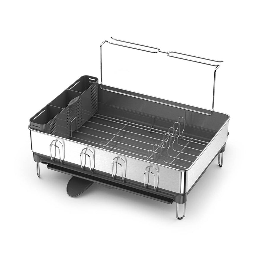 Simplehuman Brushed Stainless Steel Steel Frame Dishrack, Angled view showing removable caddy and drainage spout
