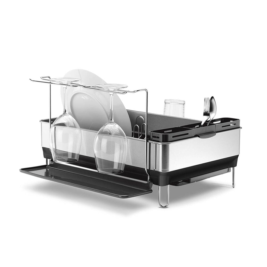 Simplehuman Brushed Stainless Steel Steel Frame Dishrack, functional view with extended wine glass rack and spill tray.