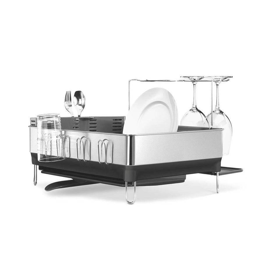 Simplehuman Brushed Stainless Steel Steel Frame Dishrack, with built-in spout, removable caddy, and integrated drying racks.