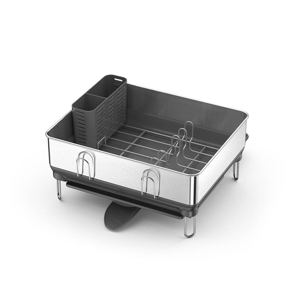 Simplehuman Compact Steel Frame Dishrack, Brushed Stainless Steel, with removable utensil holder and pivoting drain spout.