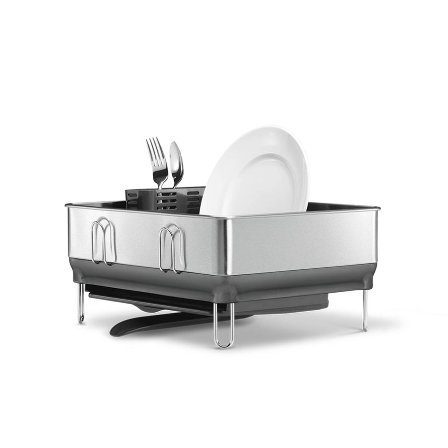 Simplehuman Compact Steel Frame Dishrack, Brushed Stainless Steel, with integrated utensil caddy and raised wire feet.