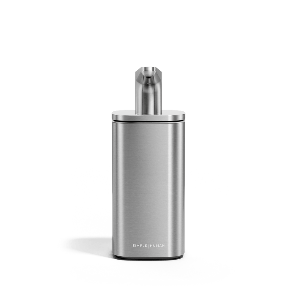 Simplehuman Brushed Stainless Steel Pulse Pump dispenser, front view. Easy-press pump head provides precise, one-handed operation.