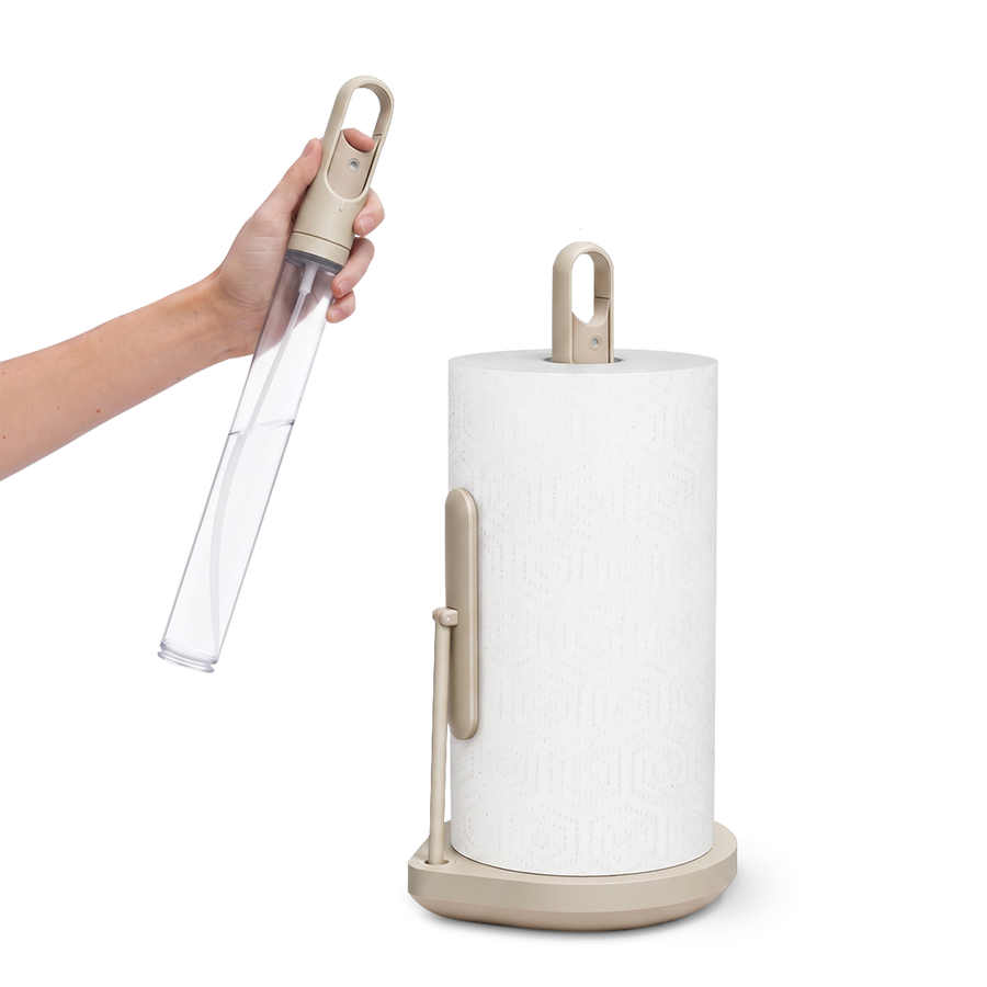 Simplehuman's Paper Towel Holder with Spray in a Latte finish showcasing the pump abilities.