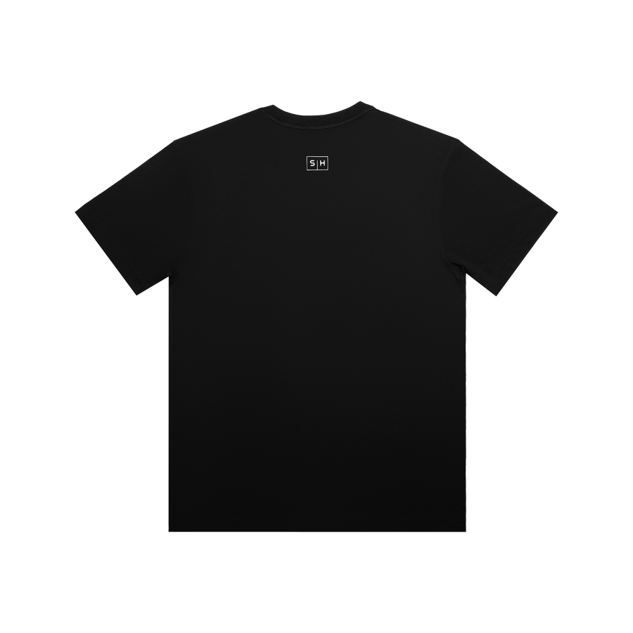 Simplehuman Black T-Shirt, Studio back view showing small white S|H logo branding at the neck.