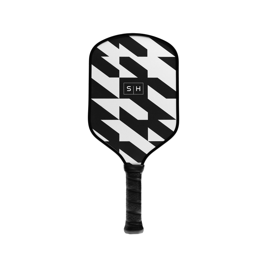 Simplehuman Pickleball Paddle in Black and White geometric print, features perforated comfort grip handle