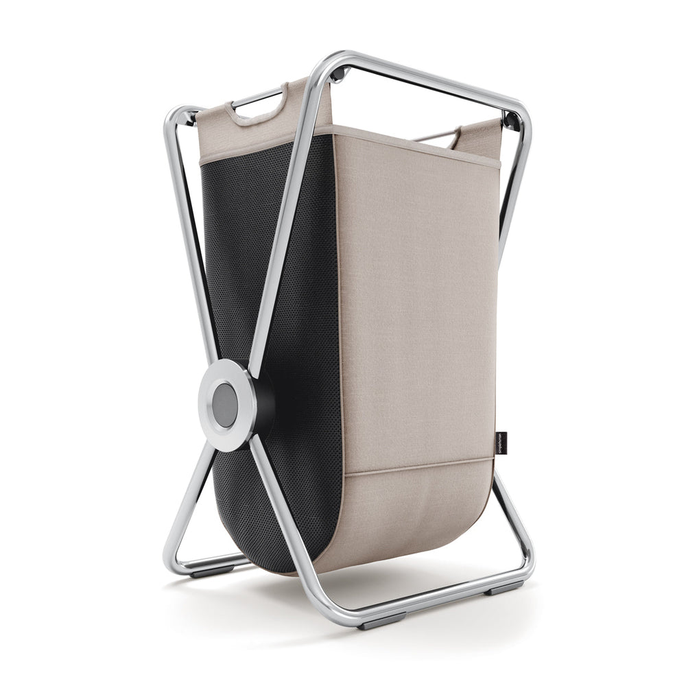 Simplehuman dual X-Frame Hamper, Angled view, Polished Steel, removable beige/black sorting bags.