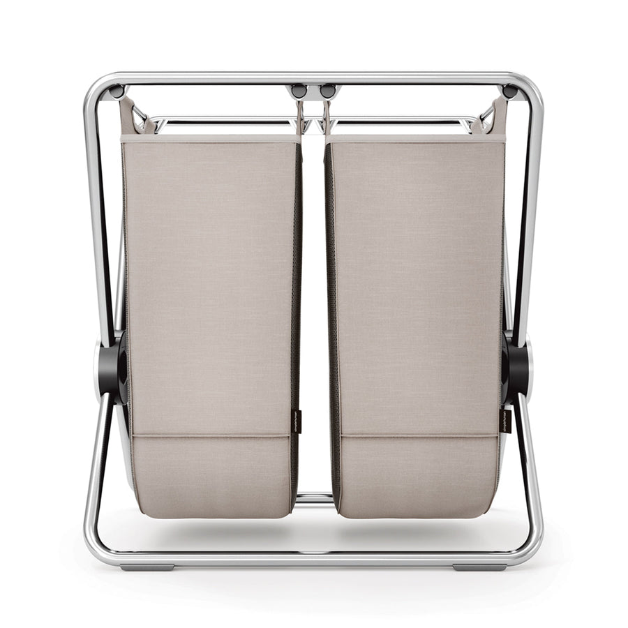 Front view of Simplehuman Double X-Frame Hamper, Polished Stainless Steel, dual removable liners for sorting.