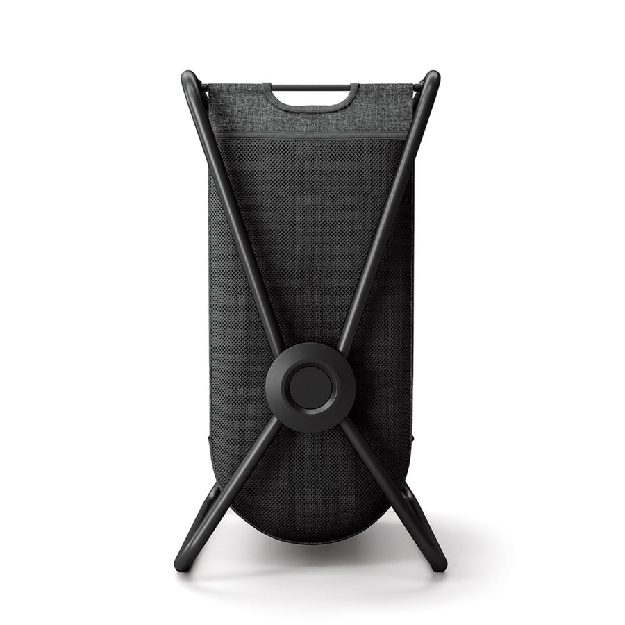 Simplehuman Rear view of Single X-Frame Hamper, Matte Black frame and charcoal liner. Foldable, space-saving design.