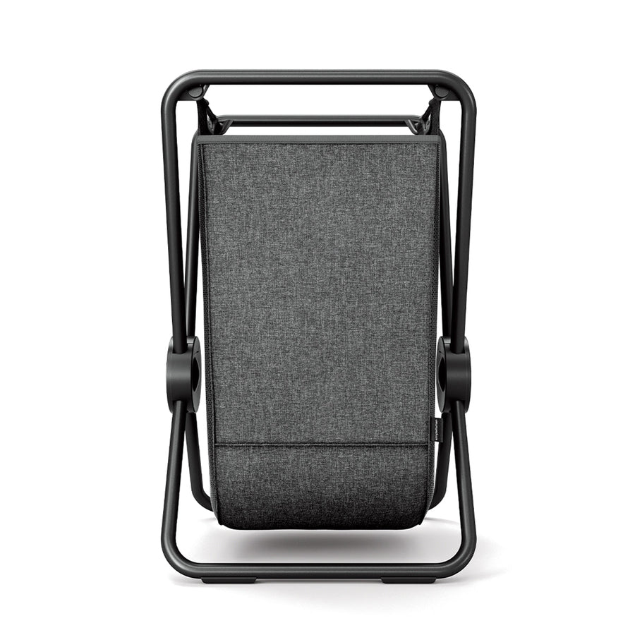 Simplehuman Single X-Frame Hamper in Matte Black, upright with charcoal removable liner. Narrow, space-saving, foldable design.