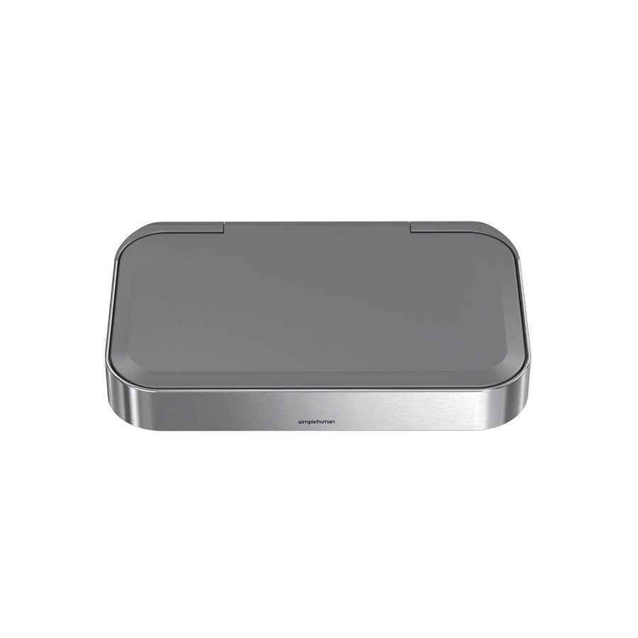Simplehuman Grey Plastic Lid/Trim Ring Assembly with Brushed Stainless Steel accent, angled view