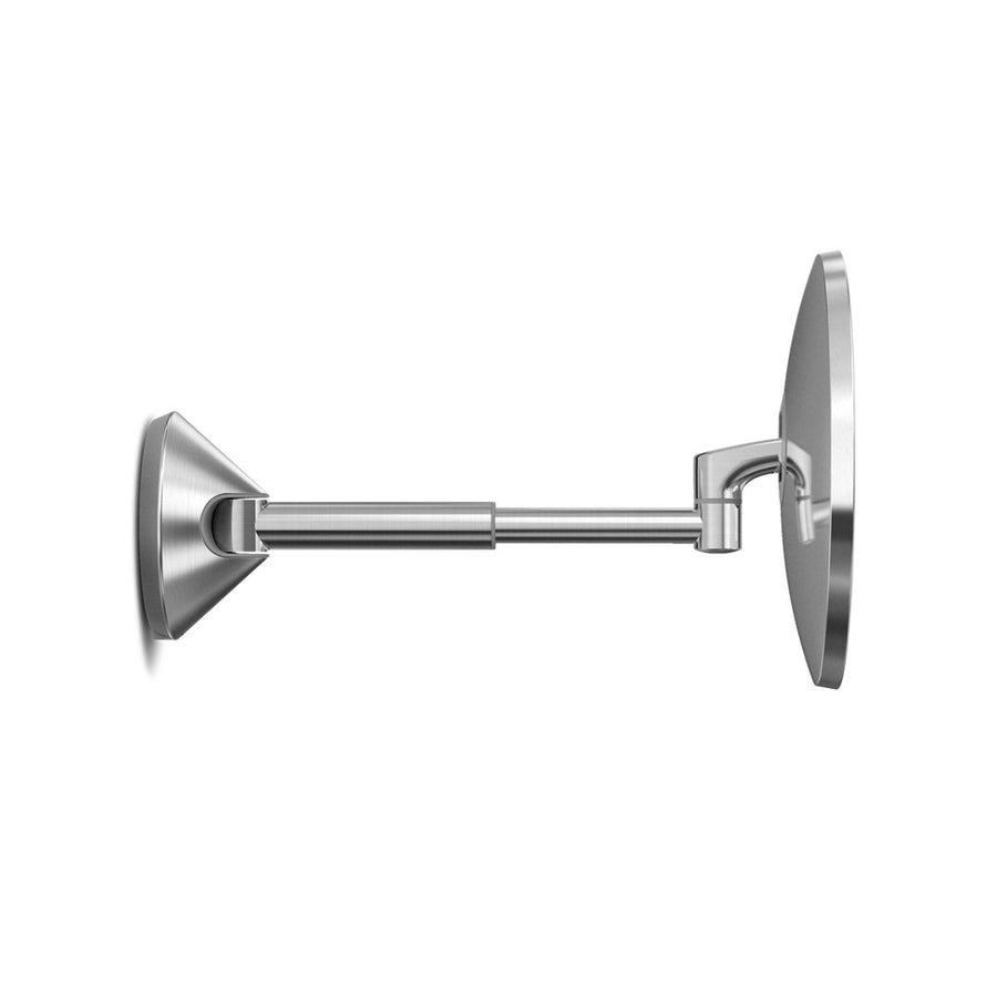 Side view of Simplehuman Rechargeable Wall Mount Sensor Mirror in Brushed Stainless Steel showing the fully extended, adjustable arm.