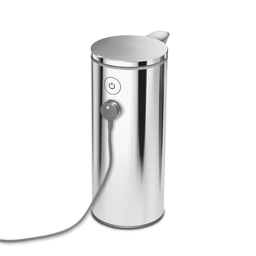 Detail view of Simplehuman 9 oz. Rechargeable Sensor Pump in Polished Stainless Steel showing magnetic charging.