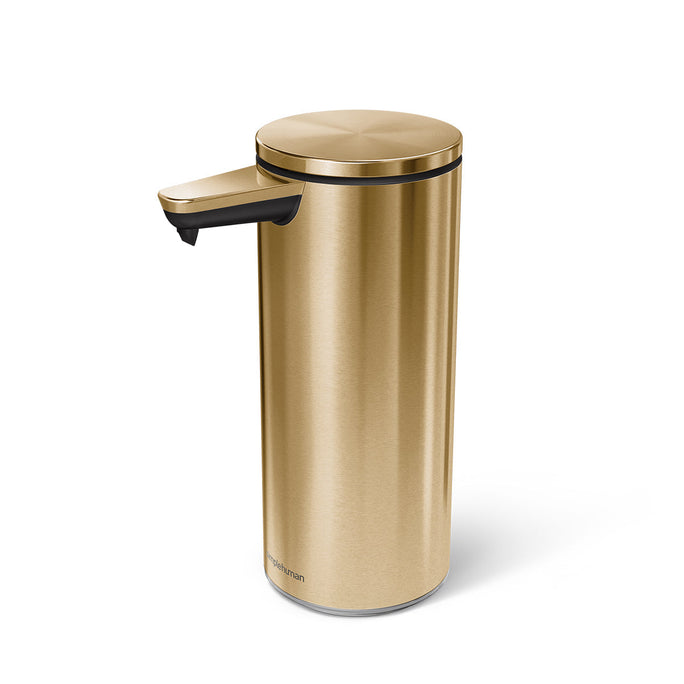 Front angled view of Simplehuman 9 oz. Sensor Pump in Brushed Brass, touch-free, rechargeable.