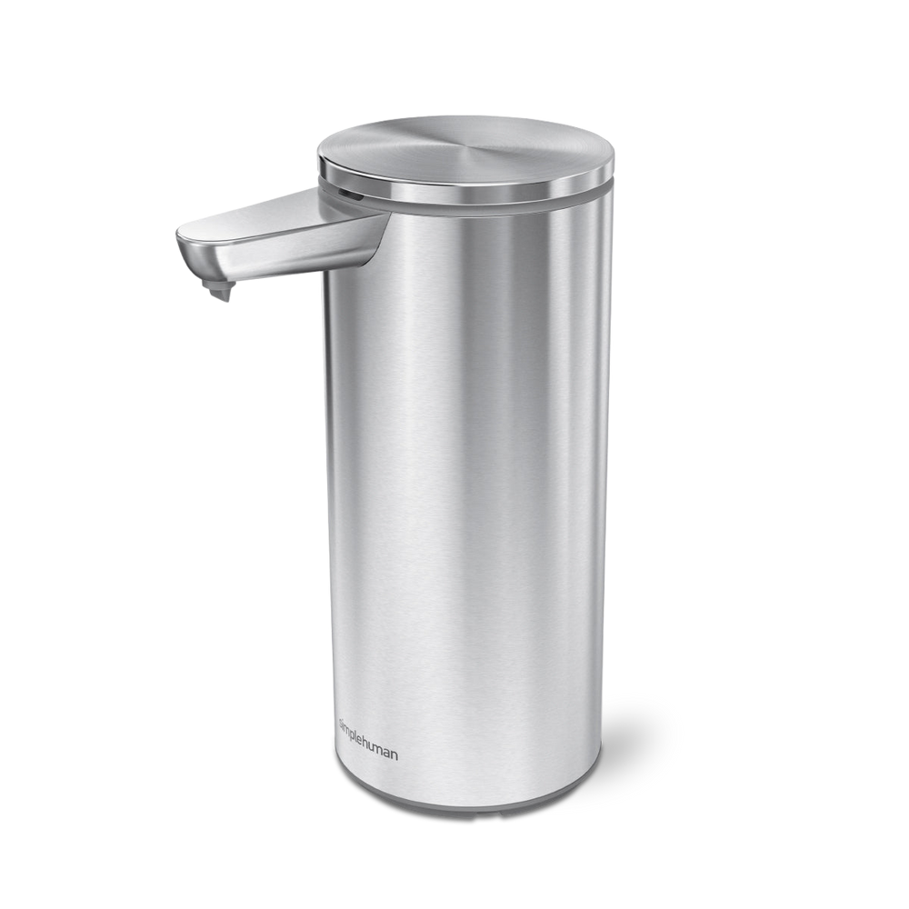Angled view of Simplehuman Liquid Sensor Pump in Brushed Stainless Steel, touch-free operation.
