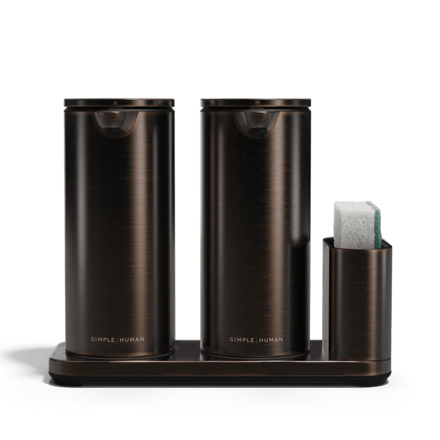 Set of two bronze-colored containers on a bronze/black tray with 'SIMPLEHUMAN' branding.