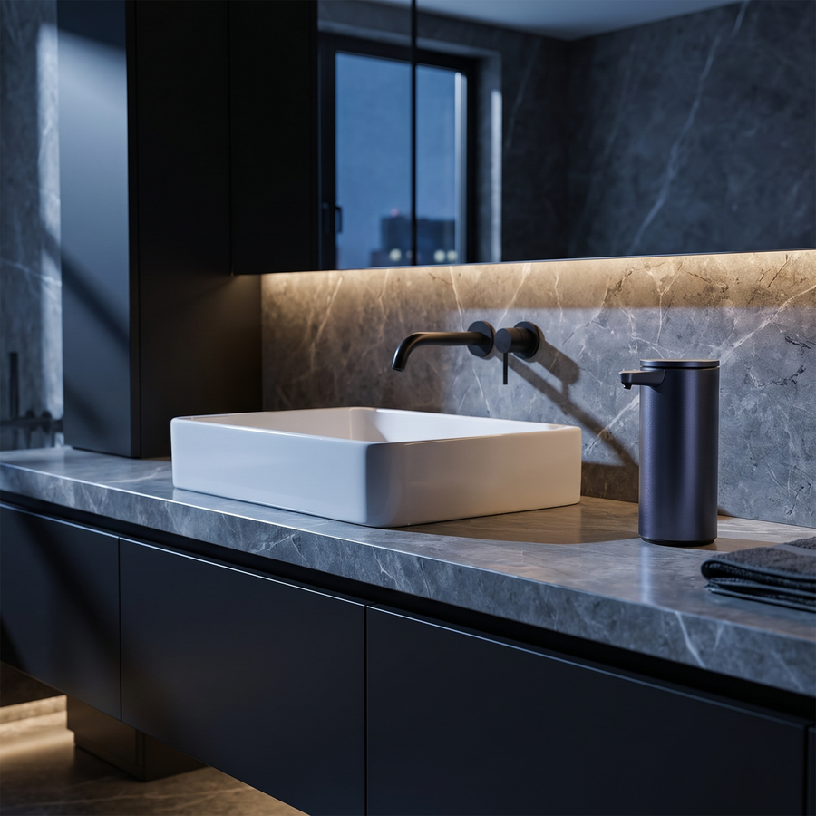 Simplehuman's Sensor Spray in a modern bathroom setting on a marbloe countertop.