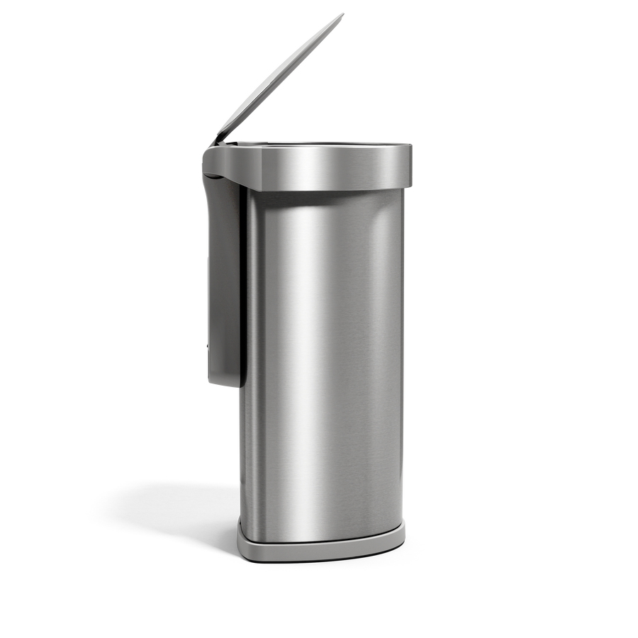 Side view of Simplehuman 45L Semi-Round Sensor Can in Brushed Stainless Steel, lid partially open.