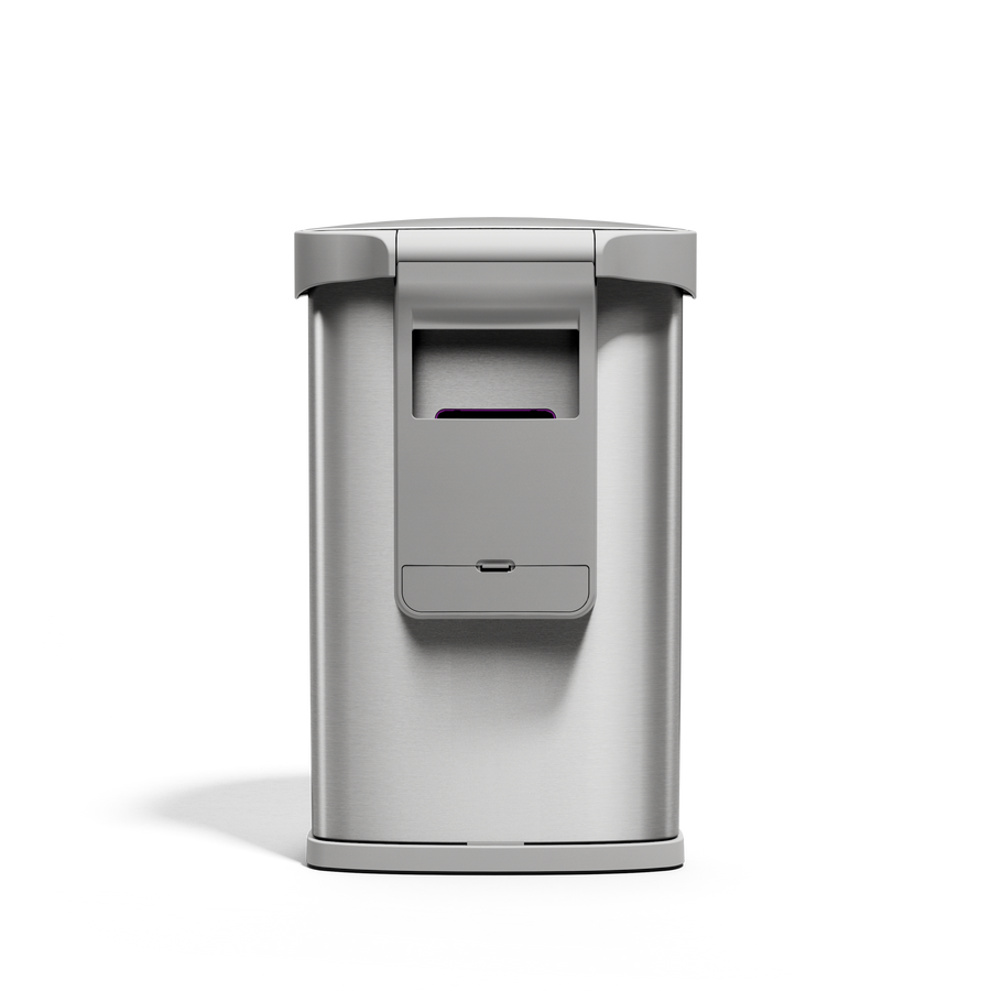 Back view of Simplehuman 45L Sensor Can, Brushed Stainless Steel, showing the built-in liner pocket and storage.