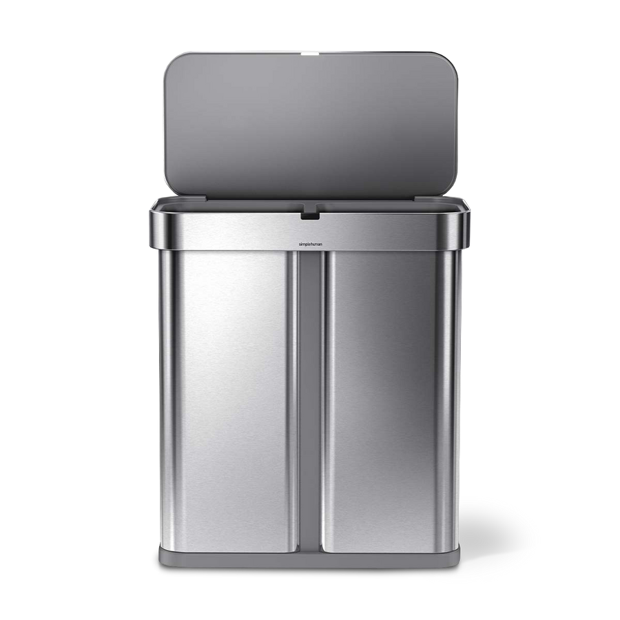 Front view of Simplehuman 58L Dual Compartment Sensor Can in Brushed Stainless Steel, voice/motion control.