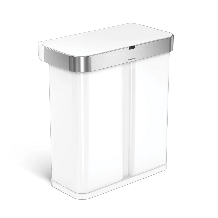 Simplehuman 58L Dual Compartment Sensor Can, White/Brushed Steel, voice and motion control.