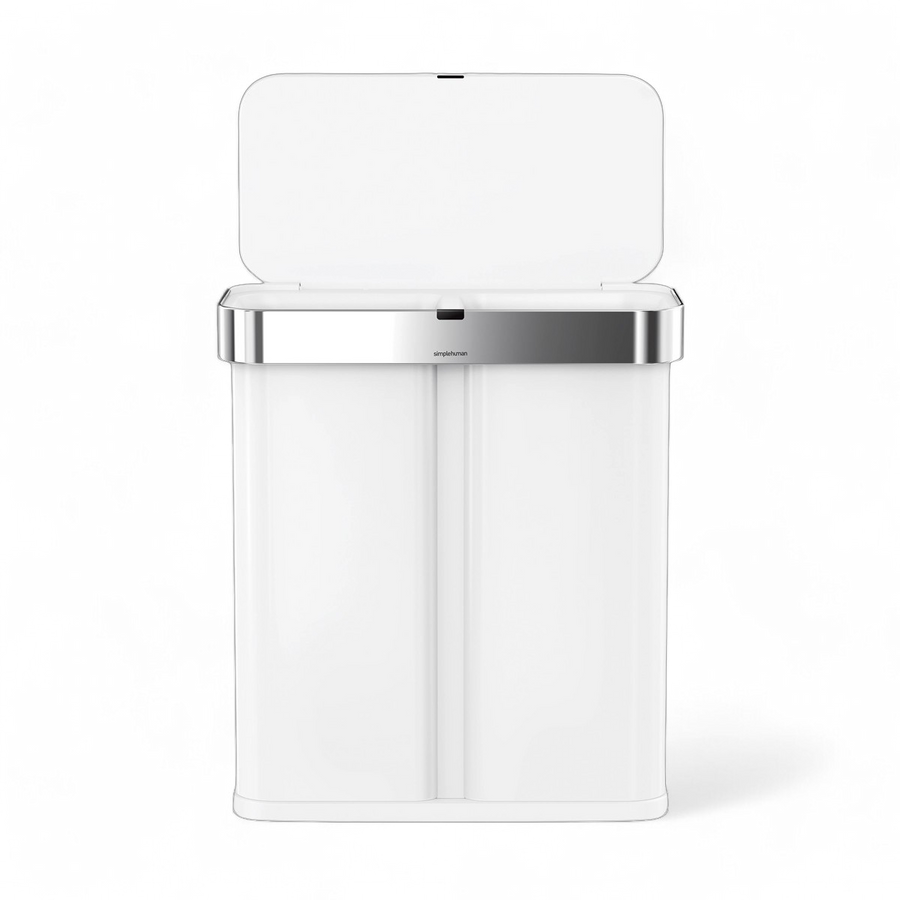 Front view of Simplehuman 58L Dual Sensor Can in White, lid open, voice and motion control.