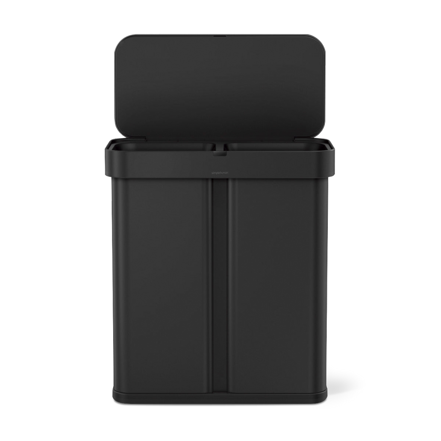Simplehuman 58L Dual Compartment Sensor Can, Matte Black, lid open showing dual bins, voice and motion control.