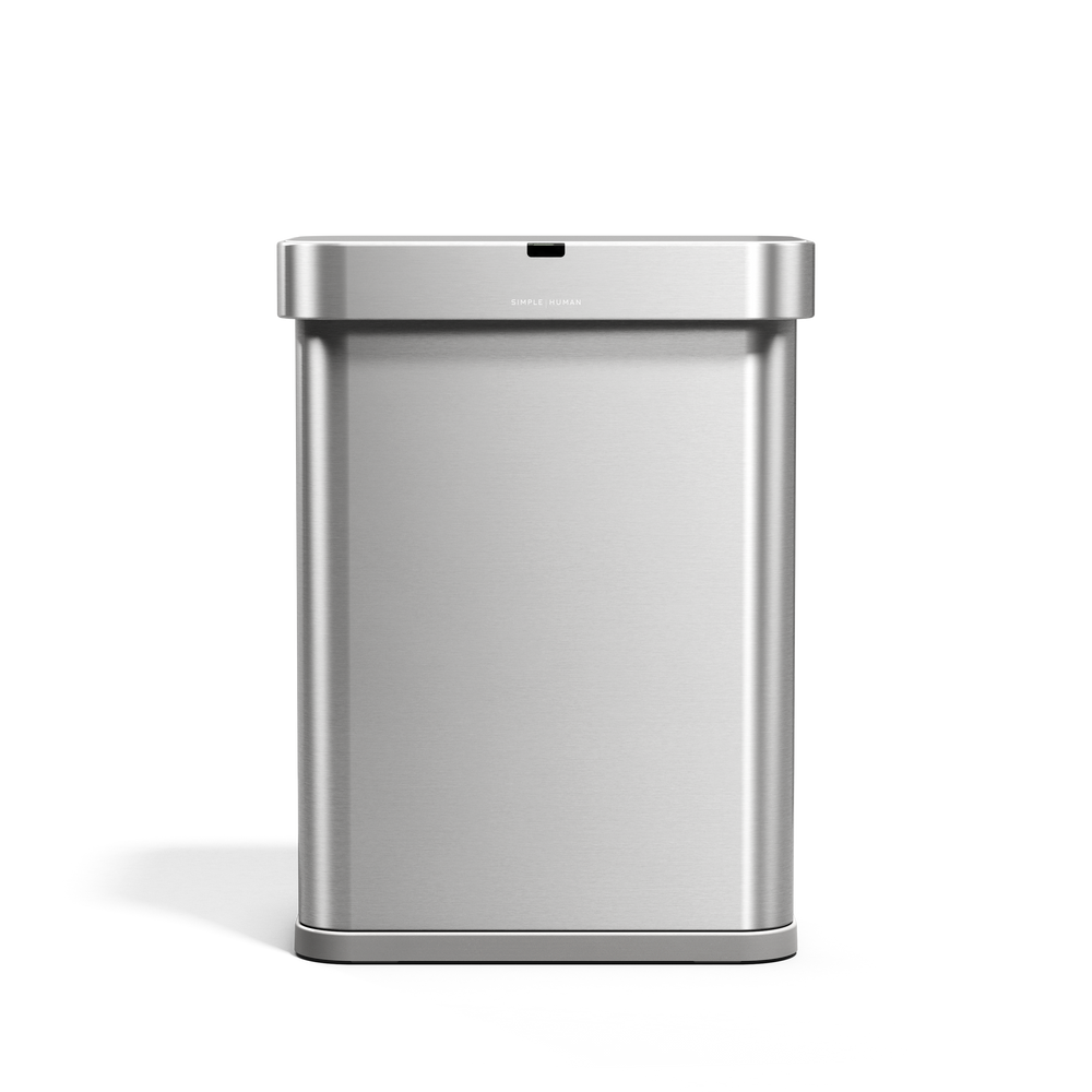 Simplehuman 58L Rectangular Sensor Can in Brushed Stainless Steel, touch-free operation.