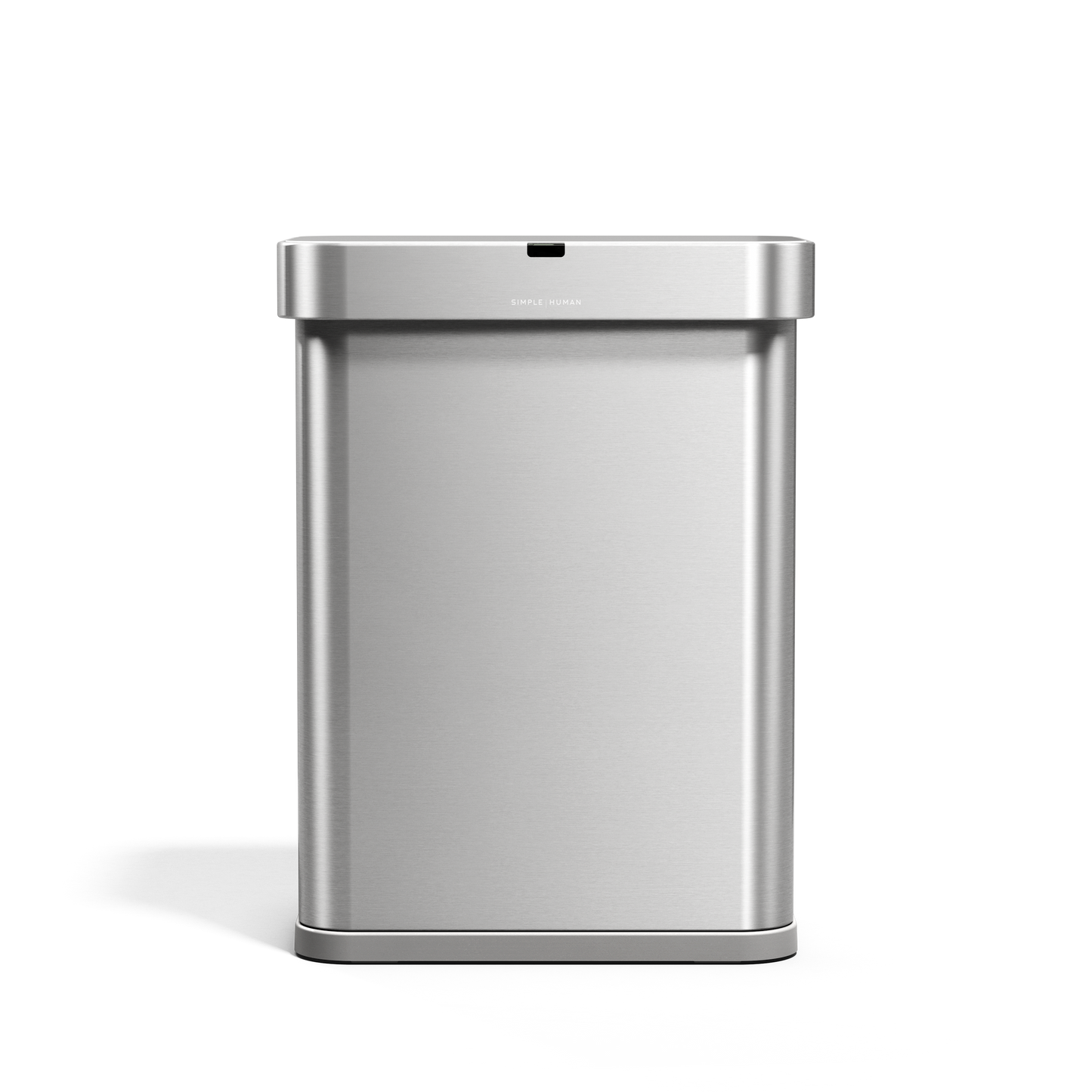Simplehuman 58L Rectangular Sensor Can in Brushed Stainless Steel, touch-free operation.