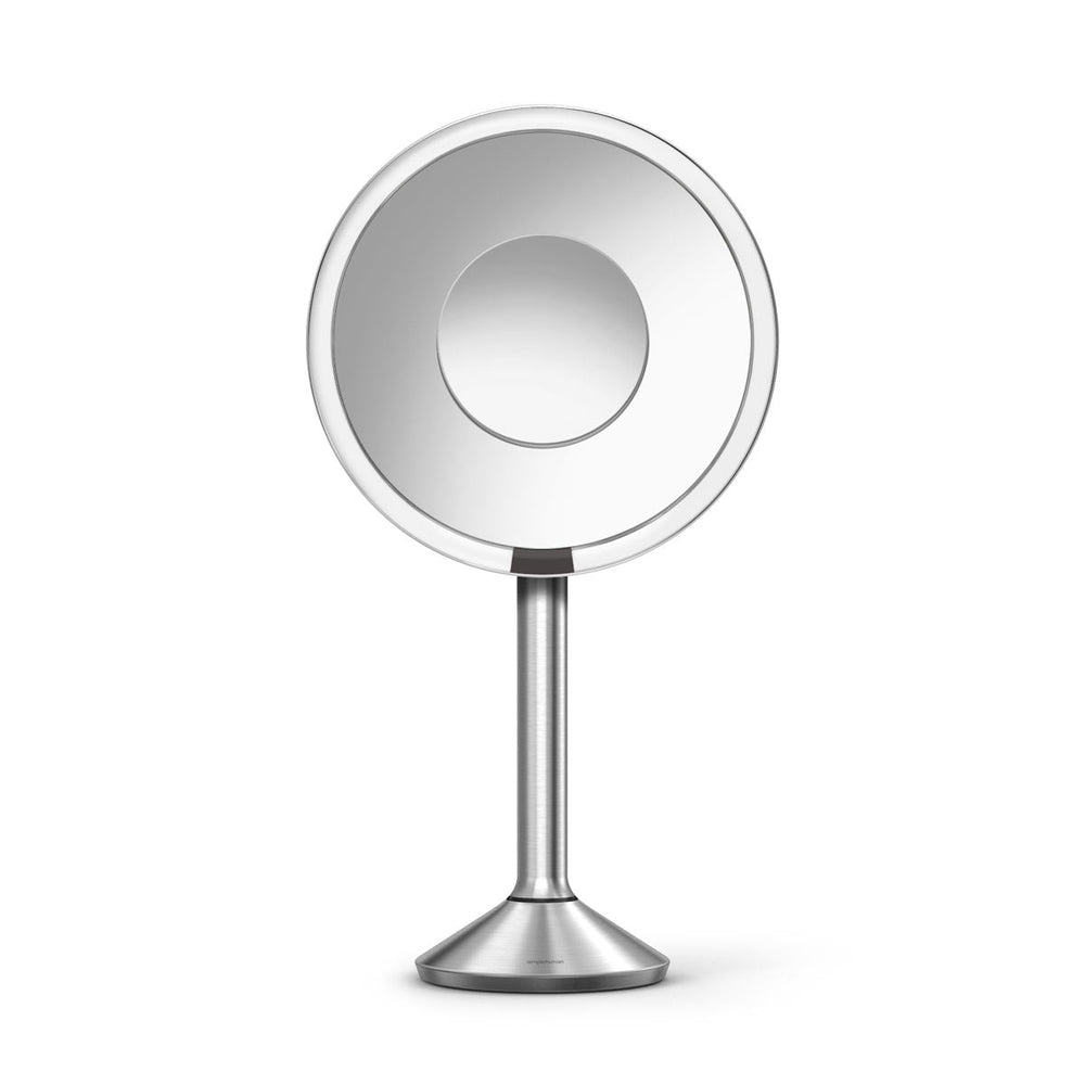 Simplehuman Sensor Mirror Pro Round in Brushed Stainless Steel with tru-lux light system, hands-free sensor.