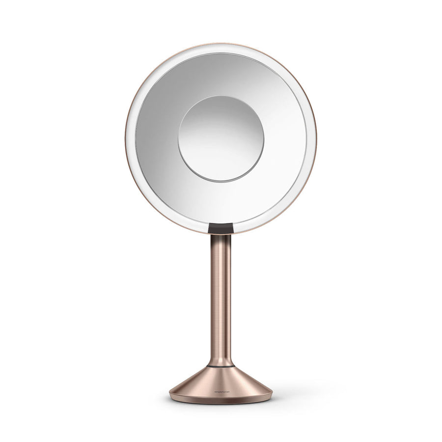 Simplehuman Sensor Mirror Pro Round in Rose Gold with magnetic zoom mirror, tru-lux light system, and hands-free sensor.