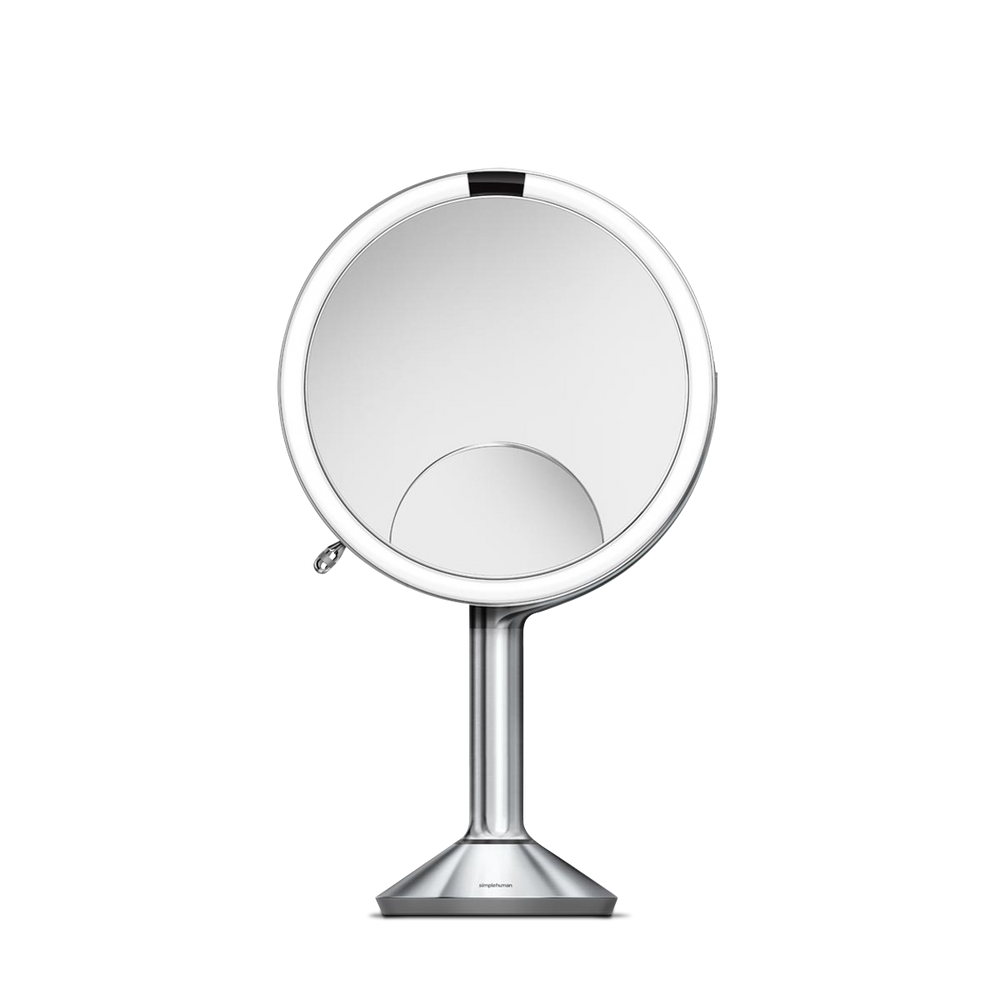 Front view of Simplehuman Sensor Mirror Trio, Polished Stainless Steel, touch-free tru-lux lighting and magnification.